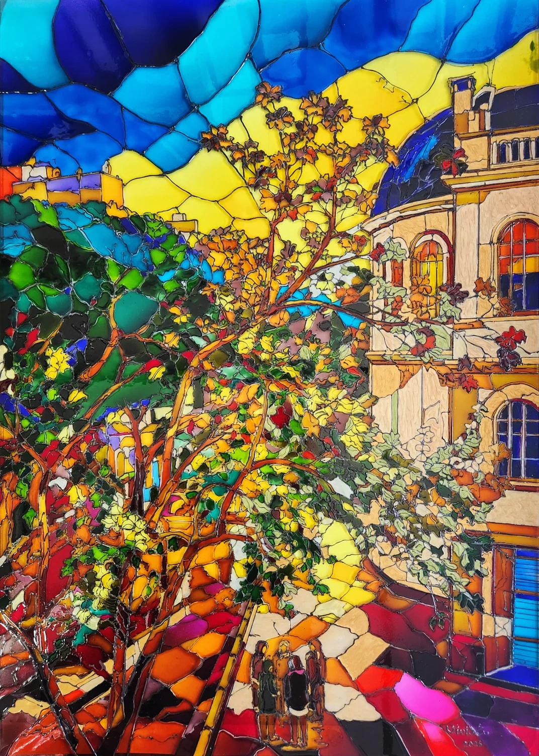 A colourful street with small walking figures, branching trees, amber buildings, and a sweeping blue sky