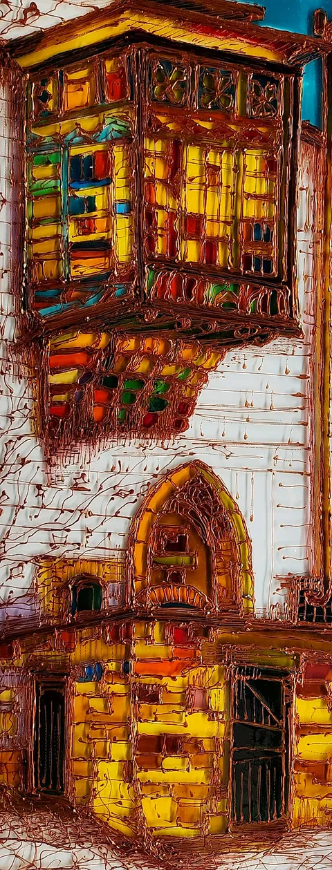 A wooden balcony glazed in amber, red, and green projects above a pointed arch window, its edges traced in raised copper-coloured outlines