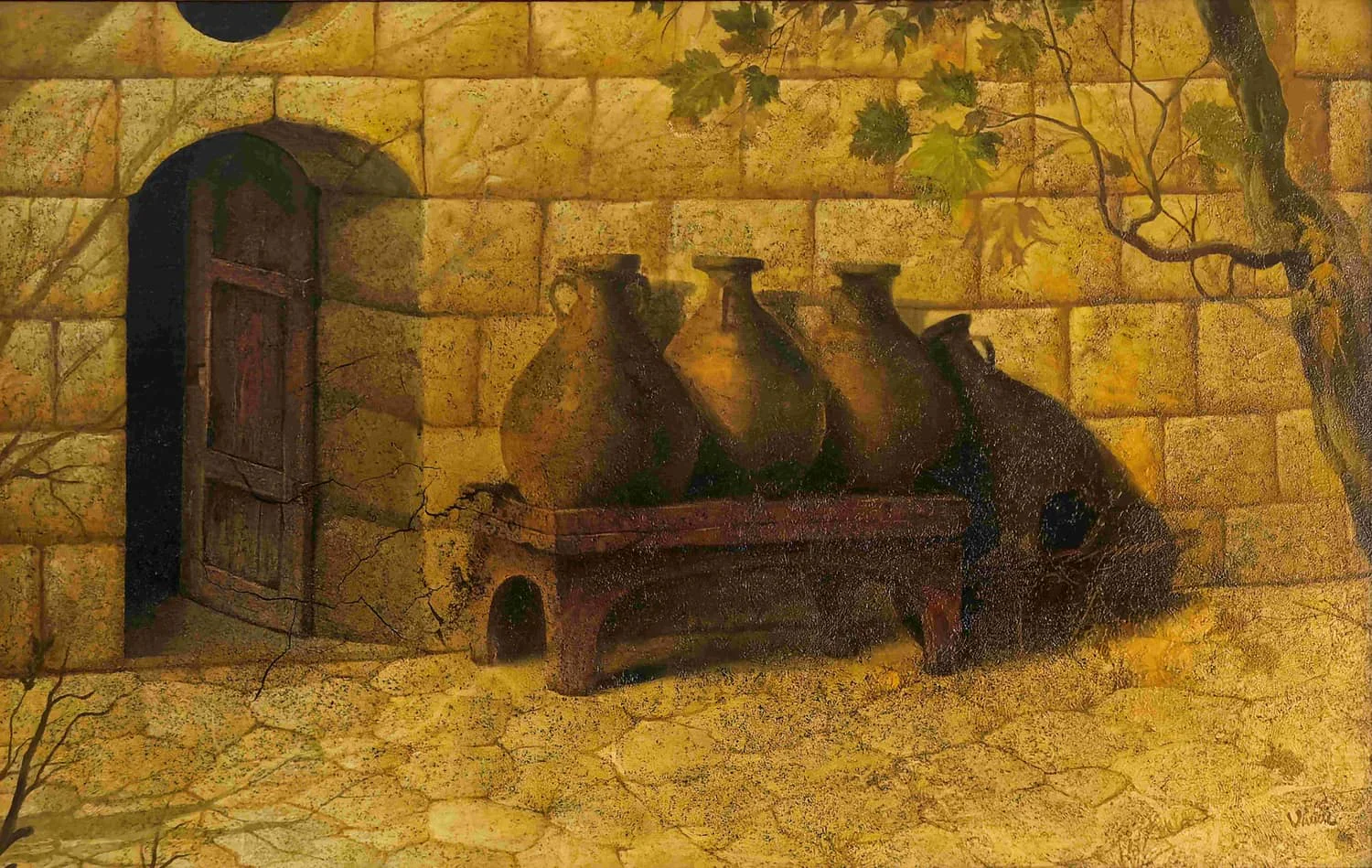 Clay amphorae and a rounded jar rest on a wooden bench against a sunlit limestone wall, beside a wooden door standing ajar beneath vine and tree branches