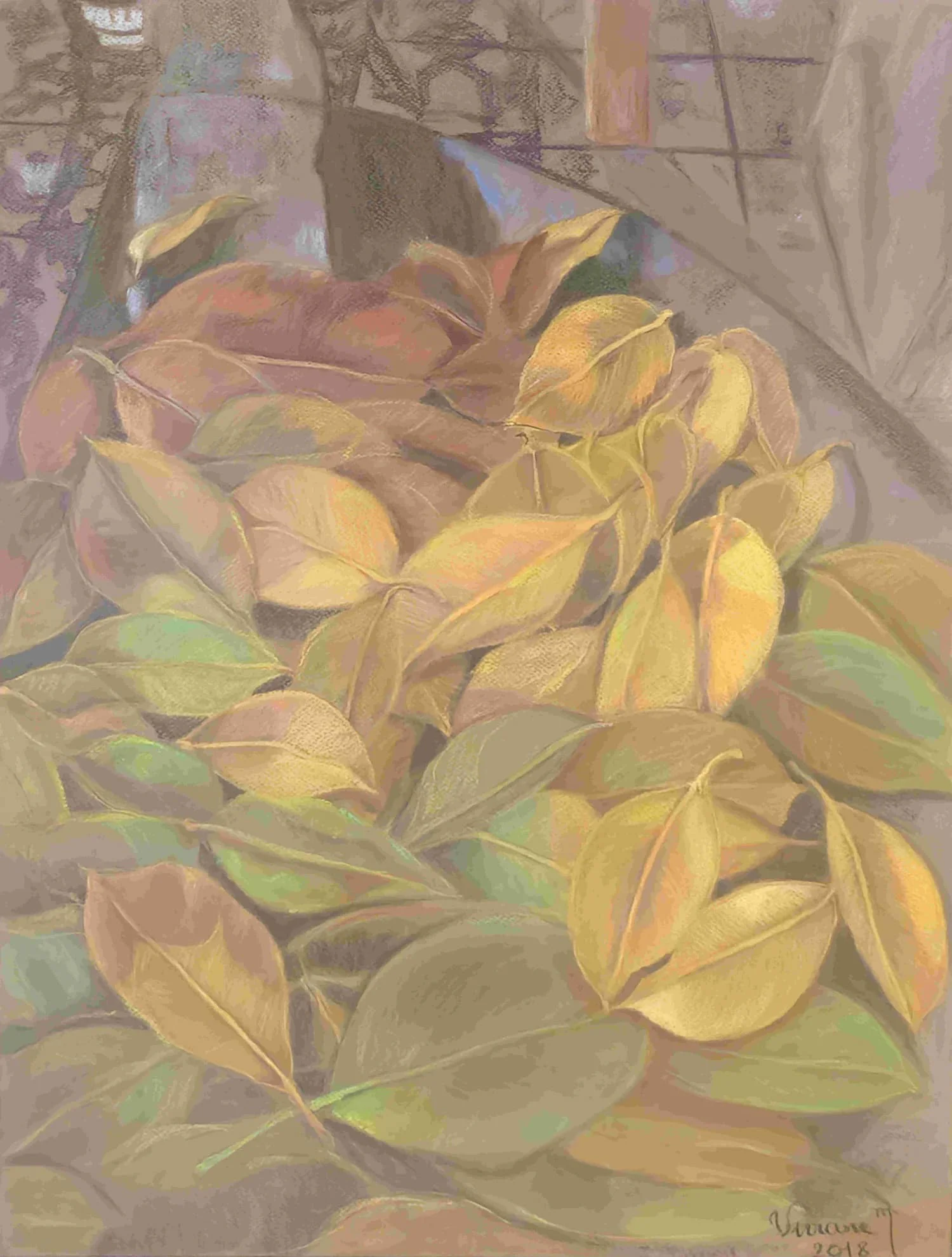 Overlapping leaves in faded green, ochre, and russet pile up in soft pastel, each vein and curled edge picked out on a grey ground