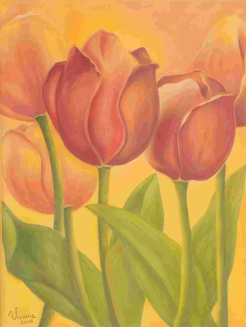 A cluster of coral tulips stands on green stems against a glowing apricot ground, their petals blended in soft pastel