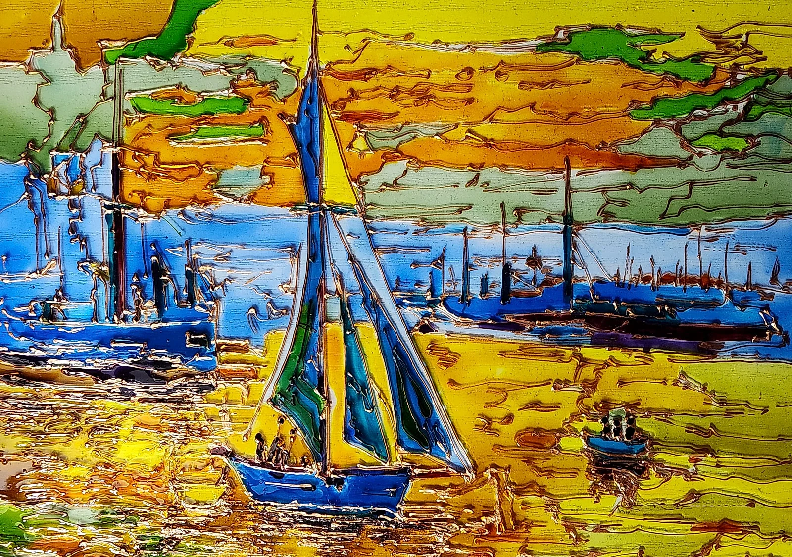 Amber marina light breaks sailboats and their reflections into luminous bands of glass-painted colour