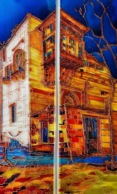 Across two narrow glass panels, a tall stone house glows red and gold against night blue, with windows and balconies outlined in copper-coloured relief
