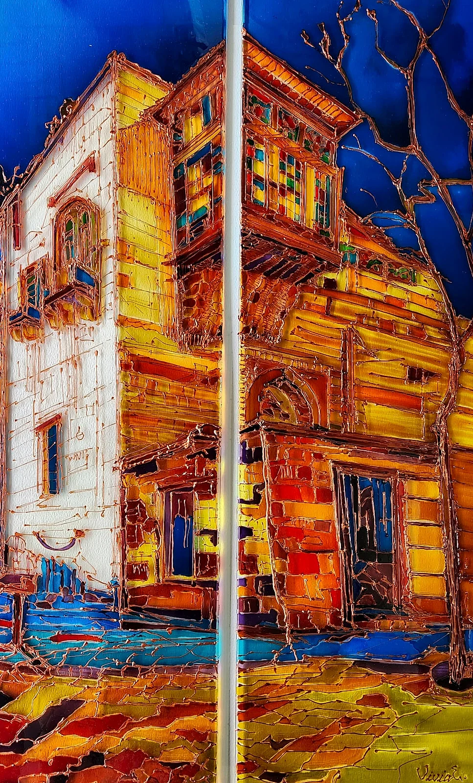Across two narrow glass panels, a tall stone house glows red and gold against night blue, with windows and balconies outlined in copper-coloured relief