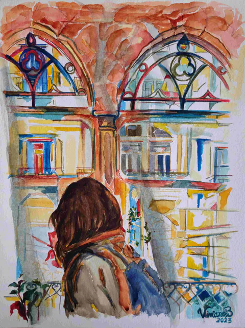 From a balcony, a dark-haired woman faces the triple-arched, traceried windows of a Mar Mikhael facade in washes of brick red, blue, and gold