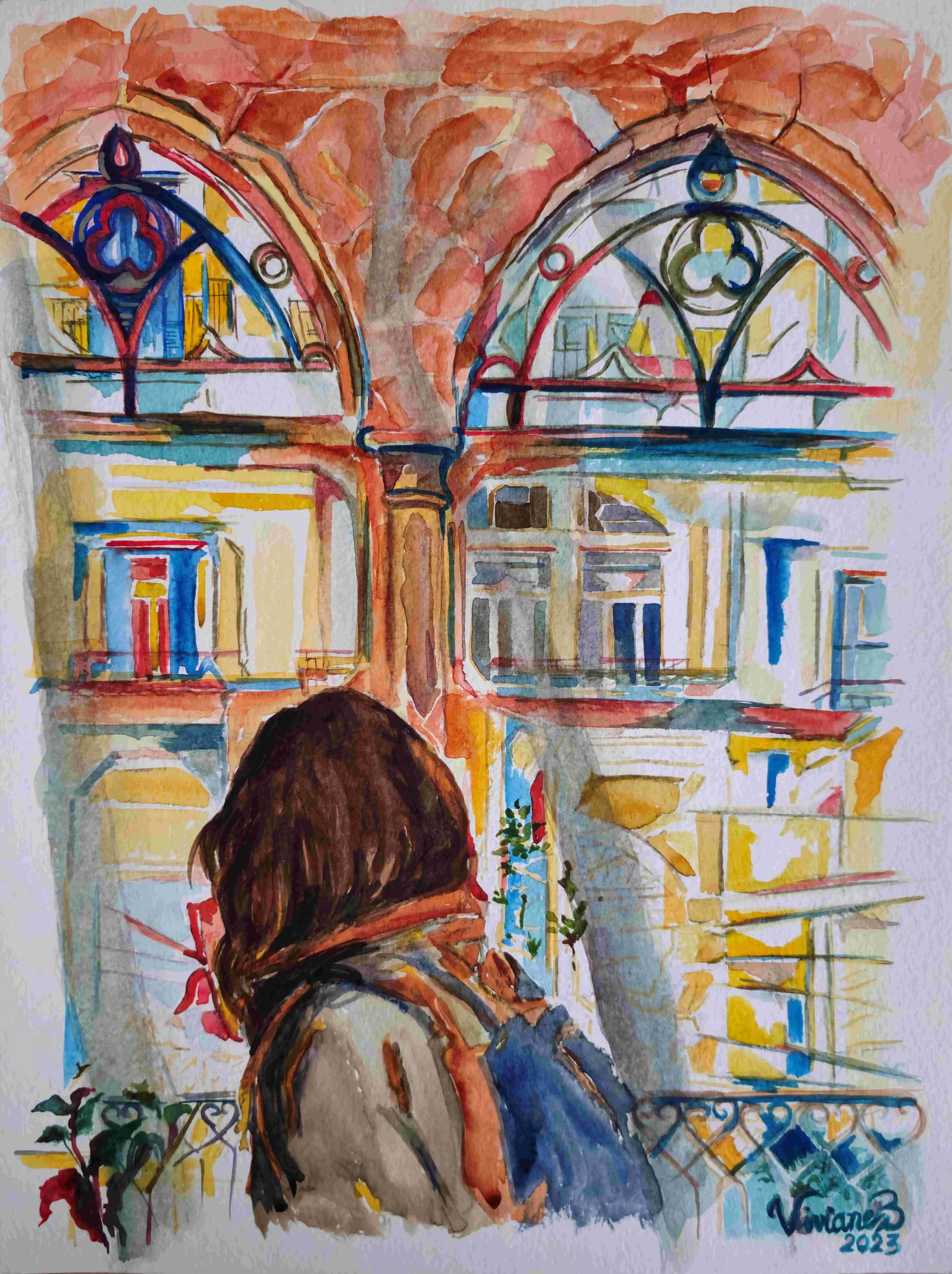 From a balcony, a dark-haired woman faces the triple-arched, traceried windows of a Mar Mikhael facade in washes of brick red, blue, and gold