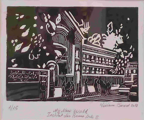 Silhouetted figures pass the gate and bilingual name plaque of the Institut des Beaux-Arts II in a high-contrast black print, leaves cut white against the sky