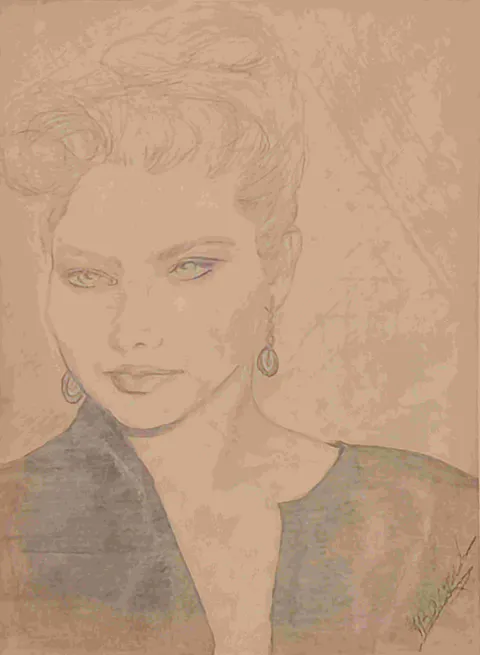 Fine graphite lines describe Ornella Muti with hair swept up in curls, a drop earring at each ear, and a dark V-neck top, gazing straight out