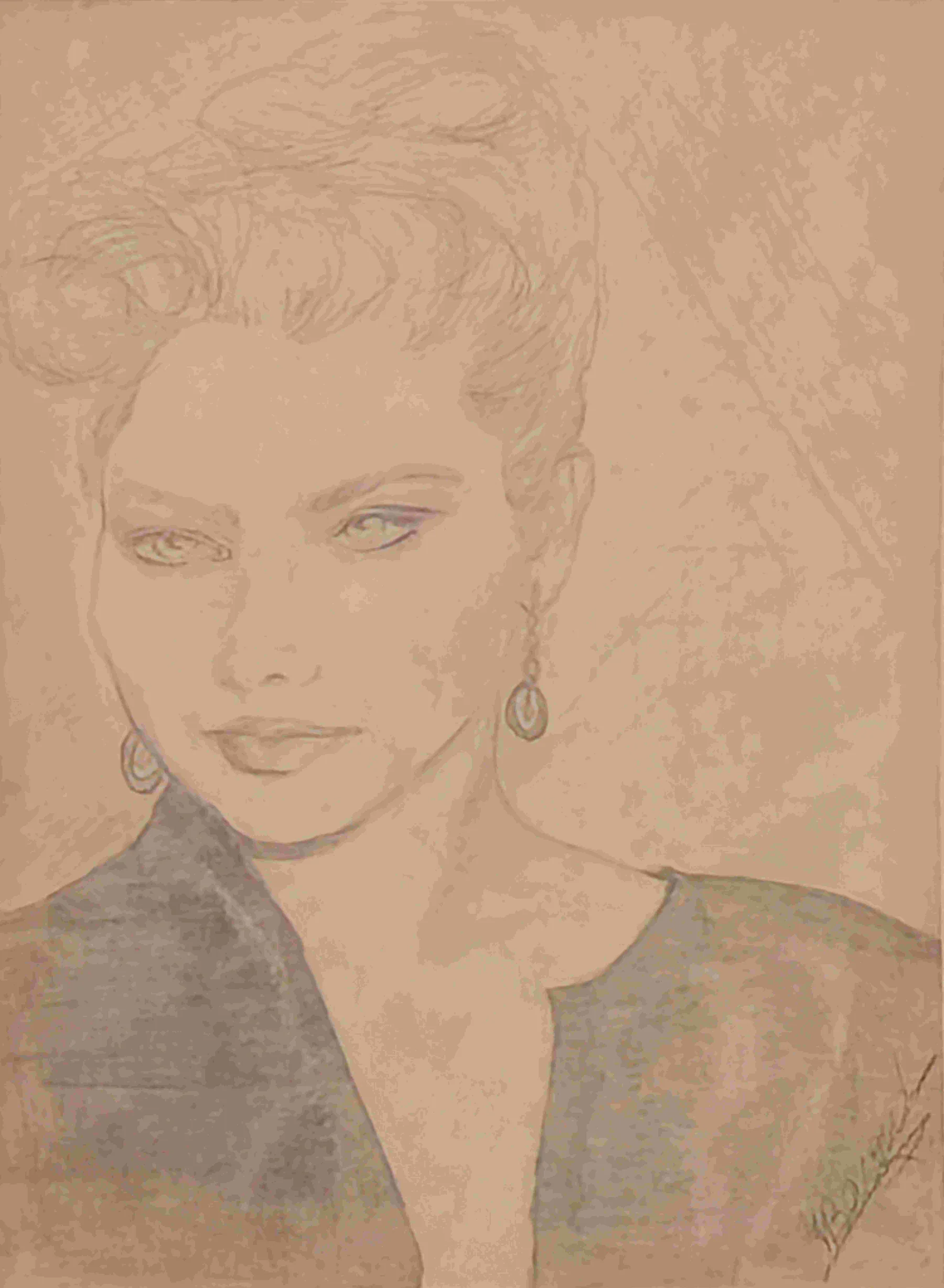 Fine graphite lines describe Ornella Muti with hair swept up in curls, a drop earring at each ear, and a dark V-neck top, gazing straight out