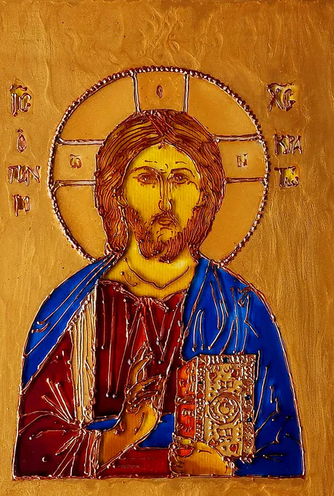 Christ Pantocrator faces forward on a gold ground in red tunic and blue mantle, right hand raised in blessing, a jewelled Gospel book in the left