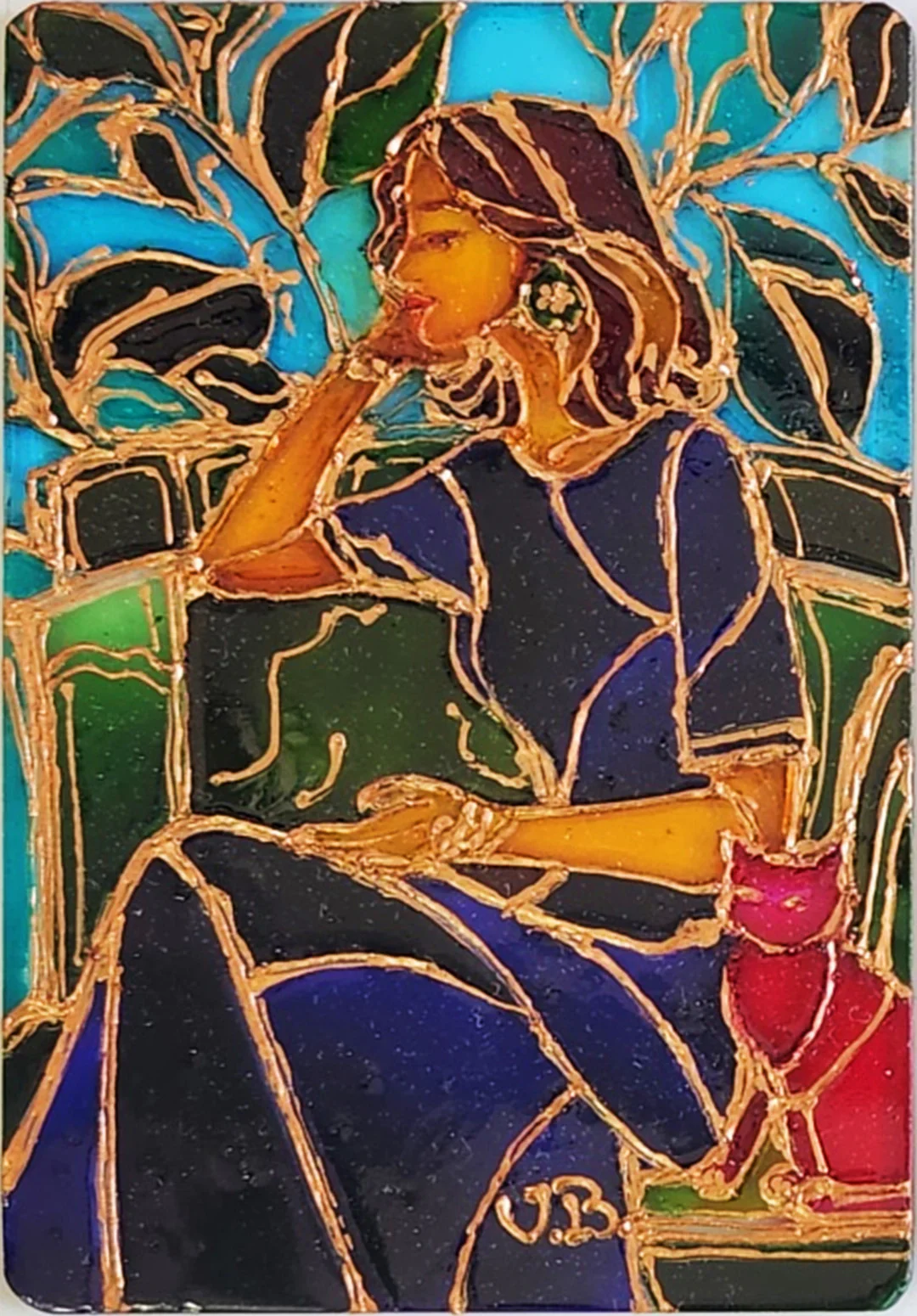 A woman in blue rests her cheek on her hand beside a red cat, surrounded by curling dark leaves