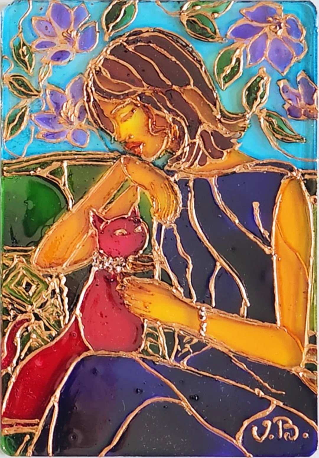 A woman gently touches a red cat in her lap, framed by purple flowers and a turquoise background