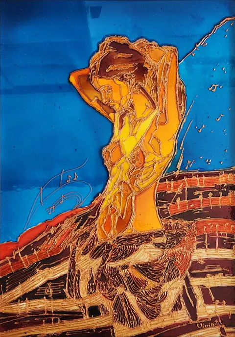 A golden woman with raised arms against a blue background, surrounded by curved bands of musical notes