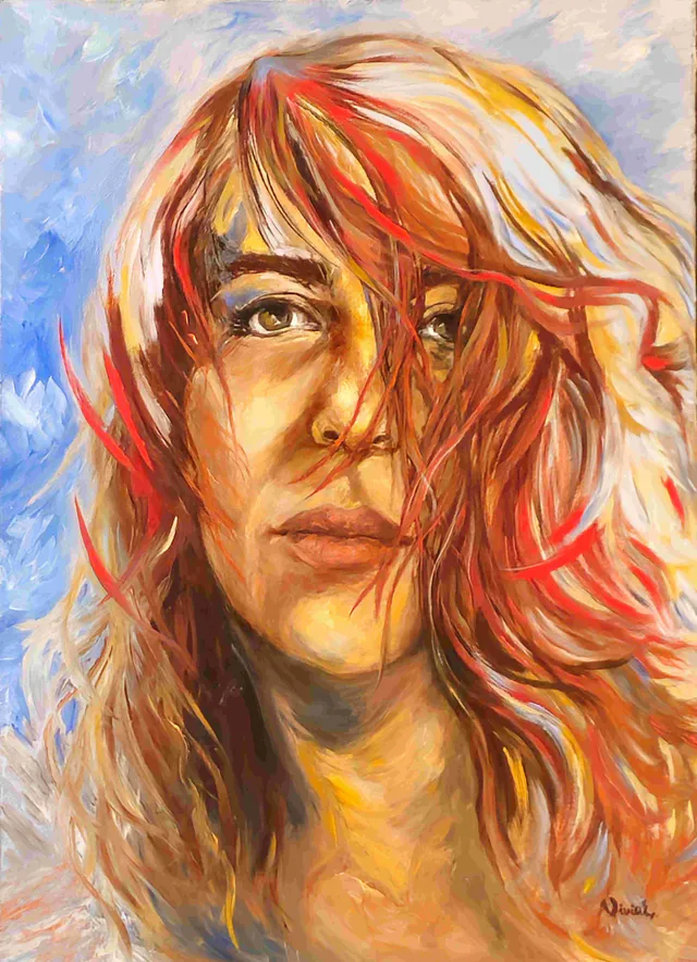 Windblown red hair cuts across a woman's steady gaze, set against broad strokes of blue and gold