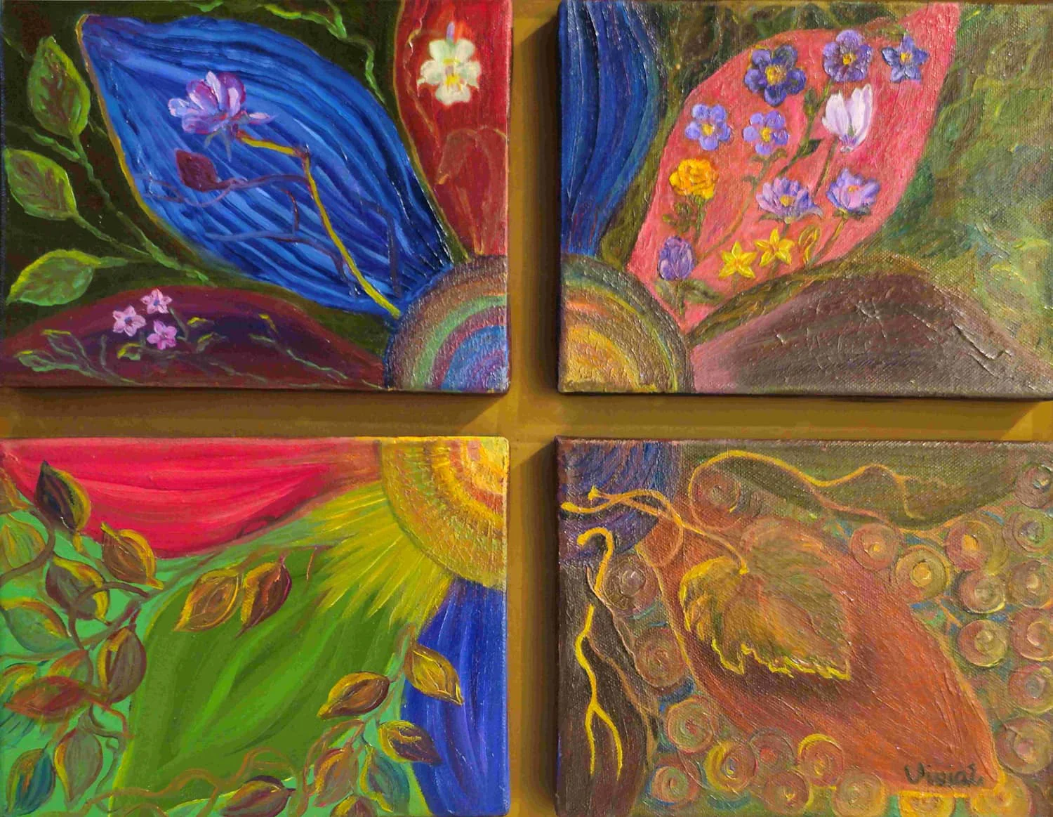 Four textured panels form a grid on an ochre background, with leaves, flowers and grape-like circles over fields of blue, pink, green and brown.