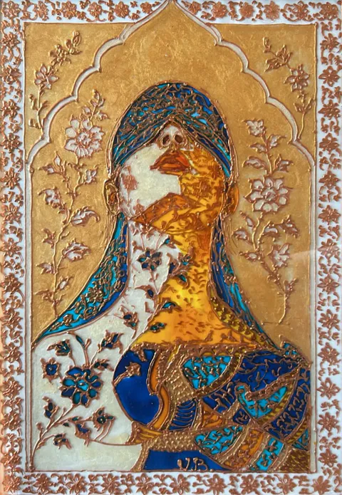 A woman in a blue veil worked with copper arabesques stands within a lobed gold arch, framed by flowering vines in raised copper on a white ground