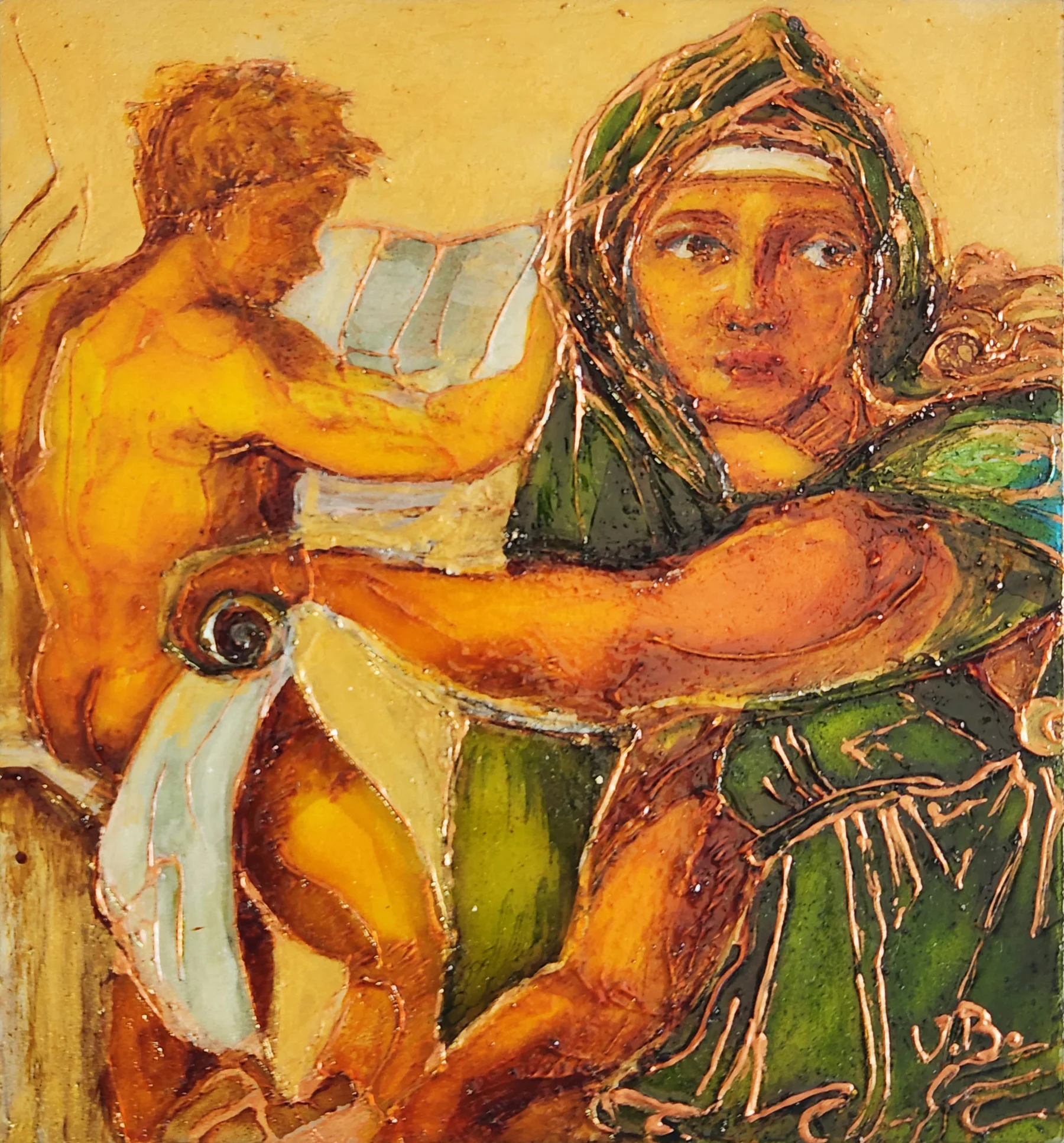 A glass study after Michelangelo's Delphic Sibyl, with a sideways-looking woman in a green headscarf holding a scroll and a figure behind her