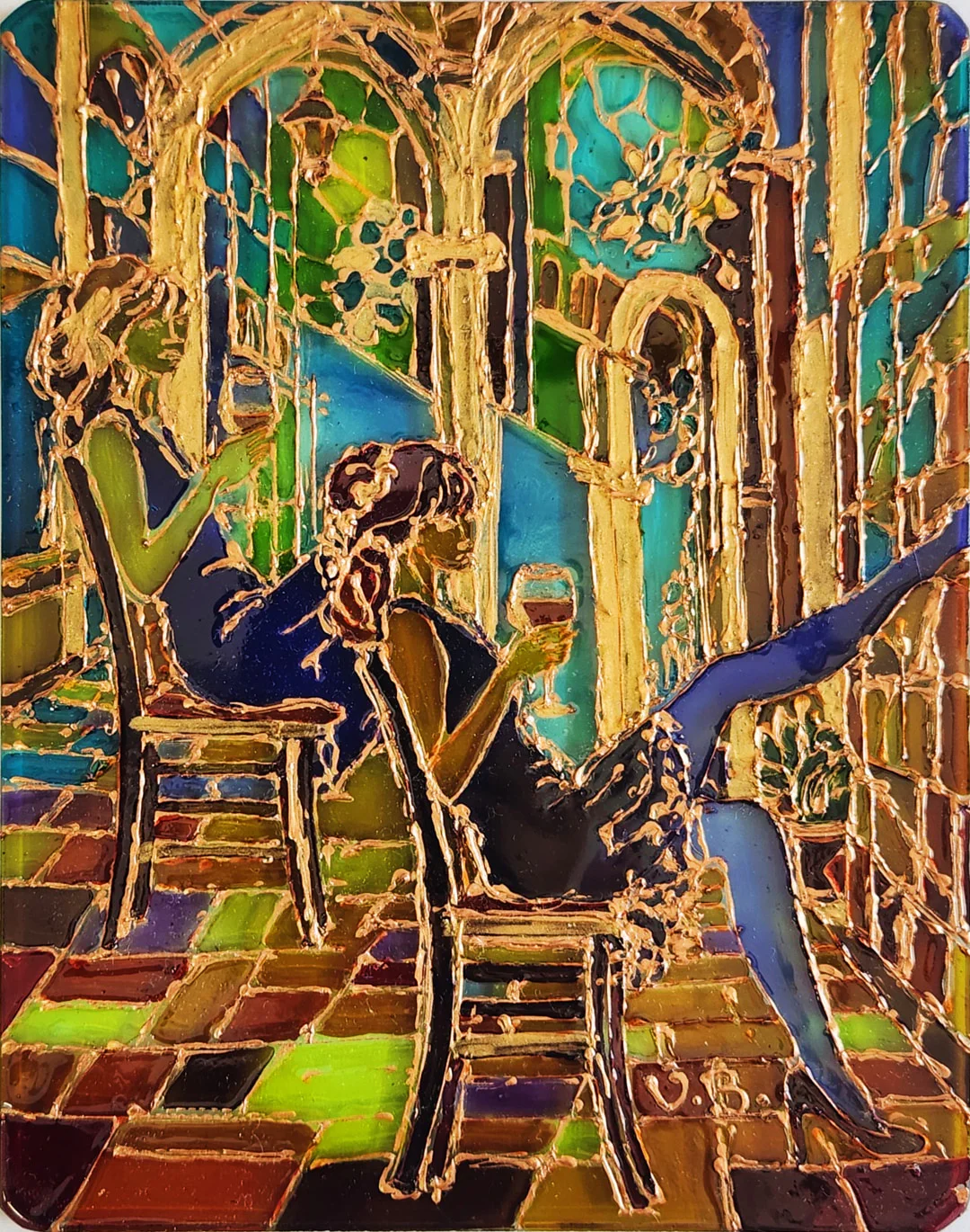 Two seated women relax beside ornate arched windows, one holding a wine glass in a green and blue room