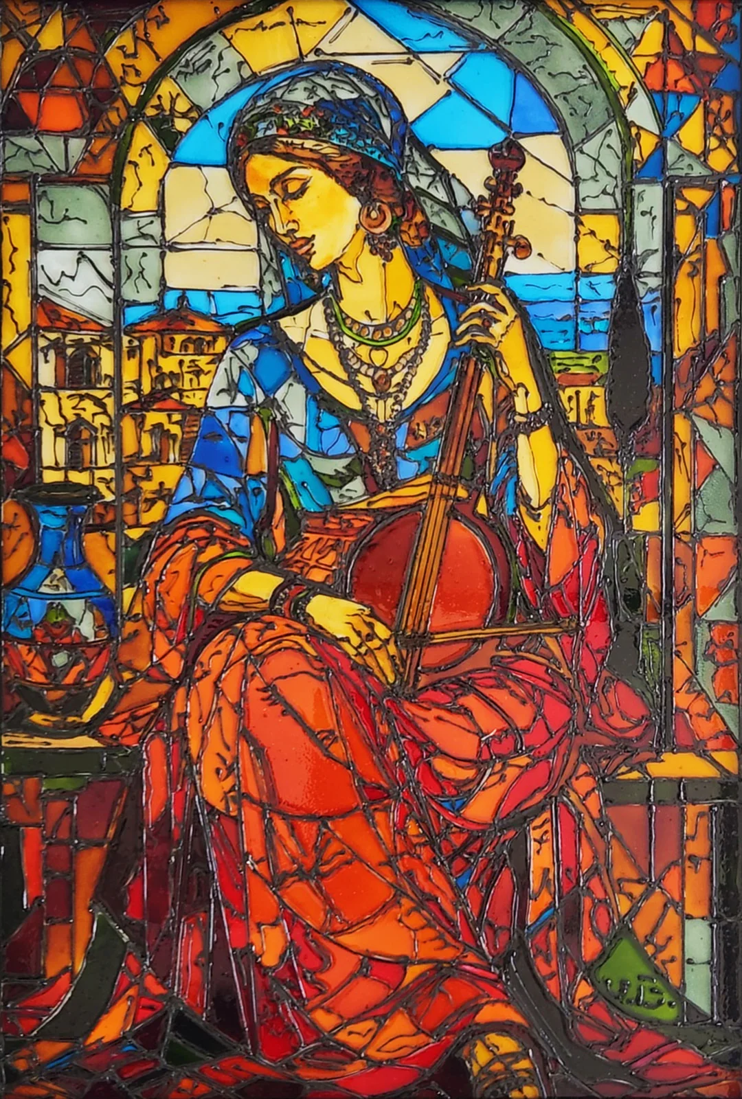 A musician in red and blue plays a bowed string instrument beneath an arch, with buildings and blue water behind