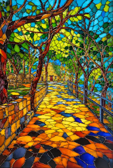 A path of yellow, orange and blue mosaic stones leads under spreading trees to a small stone house, with chairs and a low wall on the left and a railing on the right