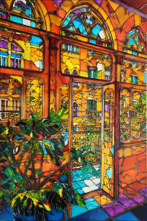 Leafy plants beside an open doorway and tall arched windows in a richly coloured amber interior
