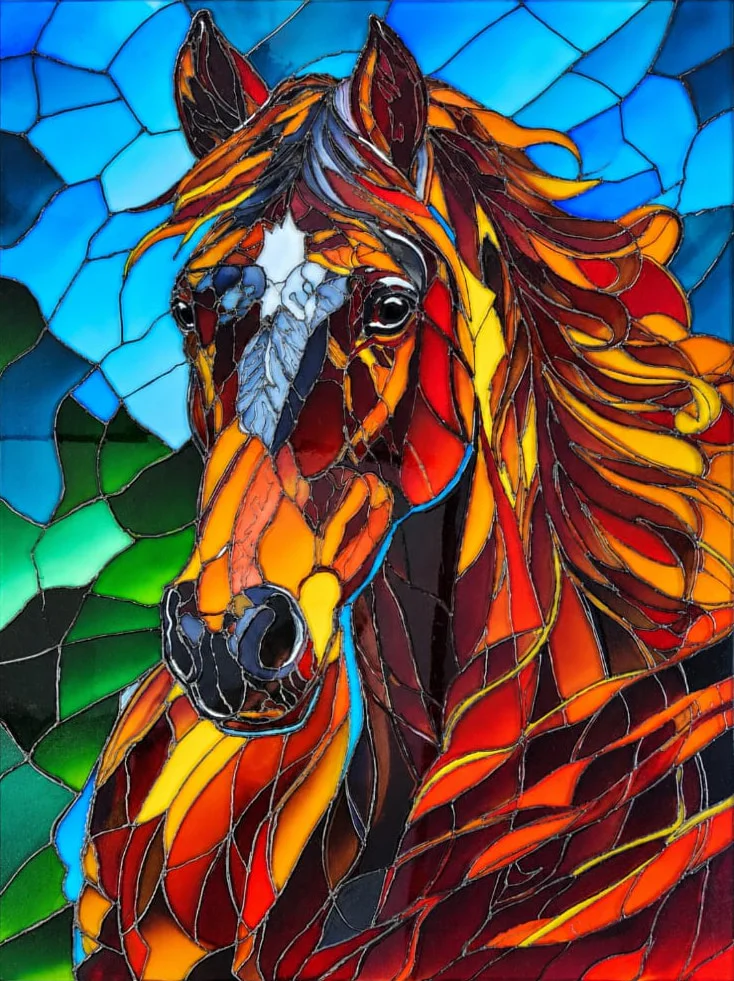 A chestnut horse's head with a white blaze, its mane streaming in red, orange and gold leaded shapes against a sky of blue and green glass