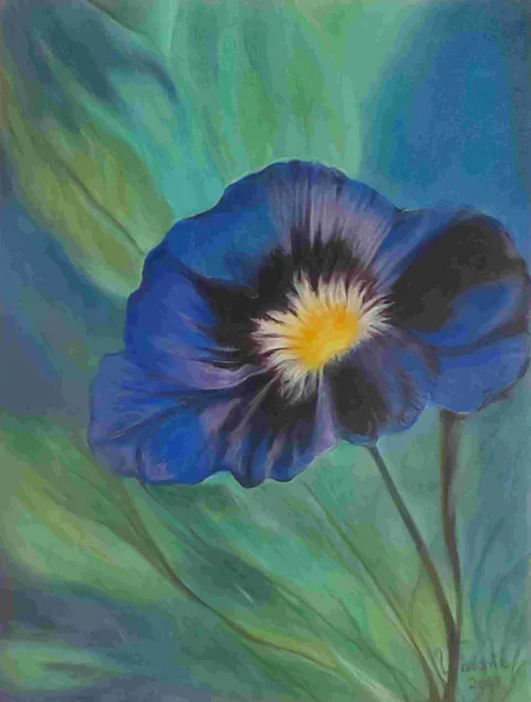 A solitary blue viola opens against softly blended green, its yellow-and-white heart set off by two near-black blotches on the petals